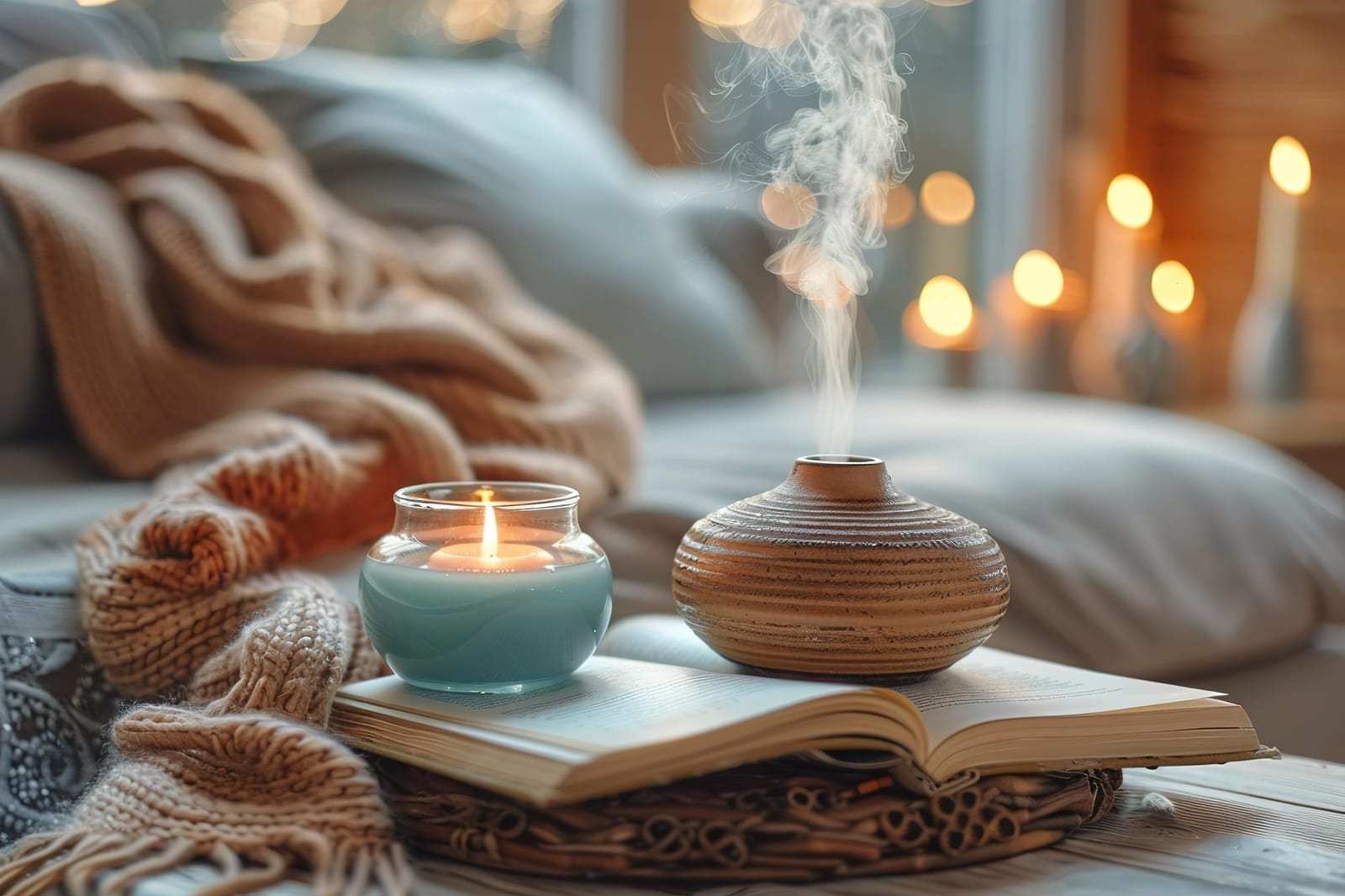 Livro aberto sobre uma mesa, com uma vela acesa ao lado, em ambiente aconchegante