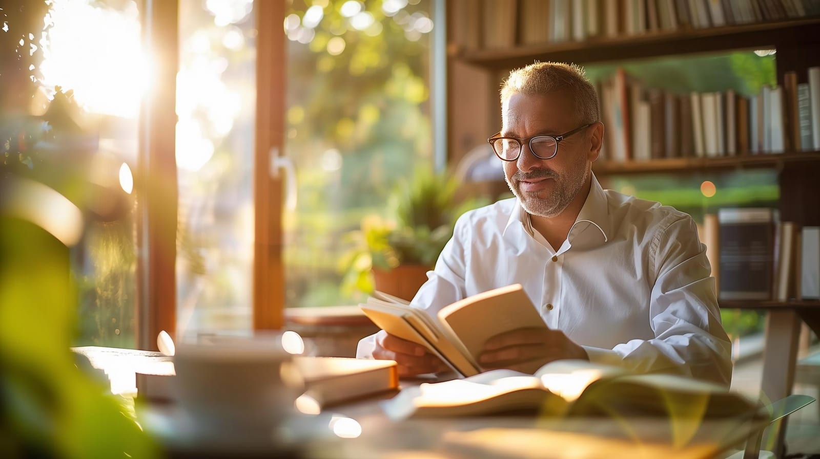 Leitor sentado perto da janela com um livro aberto e uma estante ao fundo, luz da manhã